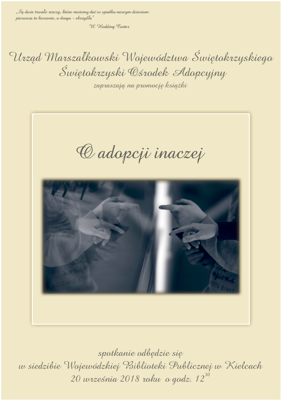 Plakat promujący książkę "O Adopcji Inaczej"